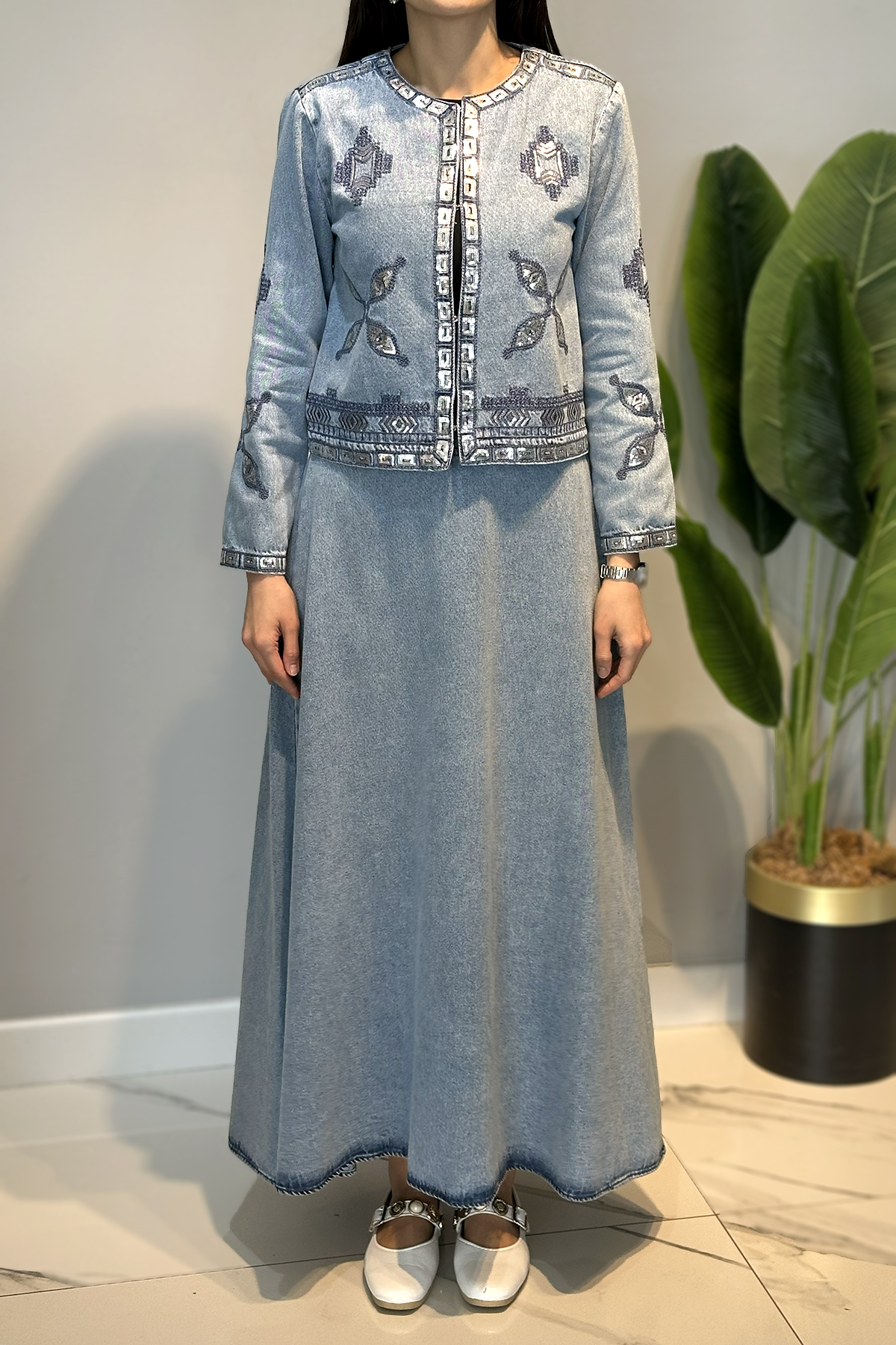 Pul İşlemeli Ceket Çan Etek Takım 7461 Denim