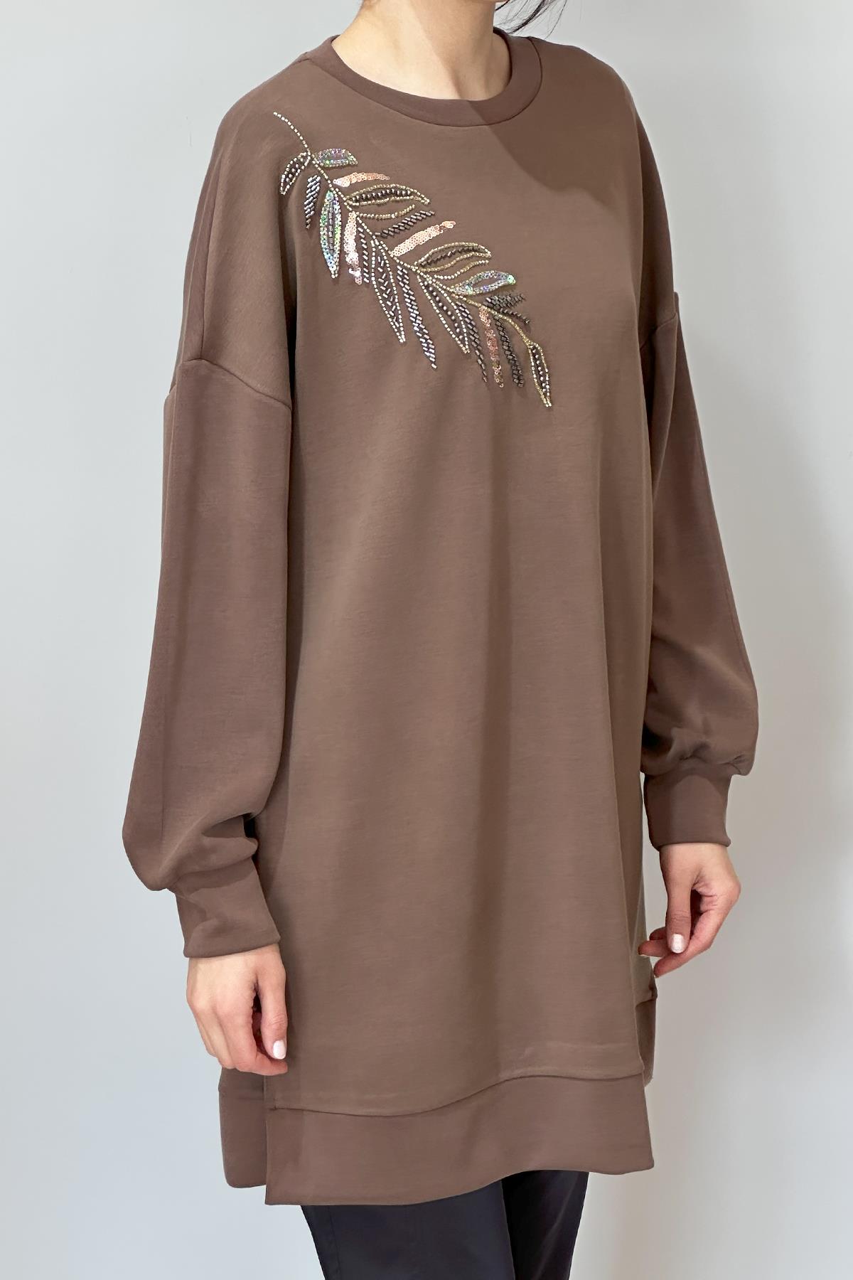 Pul Yaprak İşlemeli Modal Sweat Tunik 10629 Kahverengi