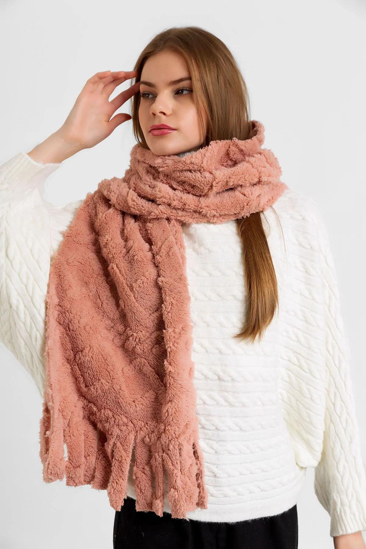 Püskül Detaylı Kalın Dokulu Kışlık Atkı 35X185cm 1303 Pudra