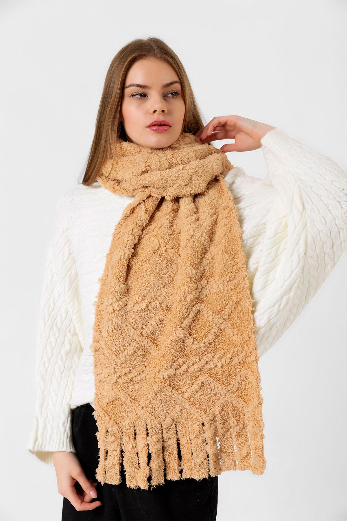 Püskül Detaylı Kalın Dokulu Kışlık Atkı 35X185cm 1303 Camel