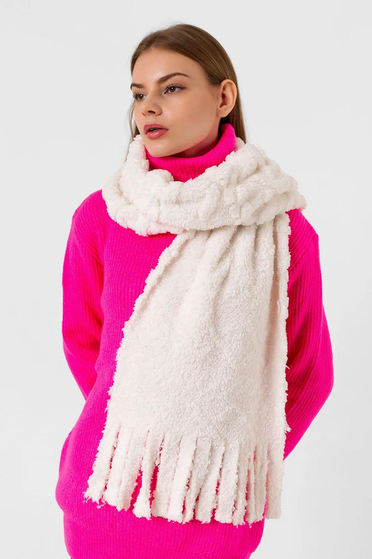Püskül Detaylı Kalın Dokulu Kışlık Atkı 35X185cm 1303 Ekru