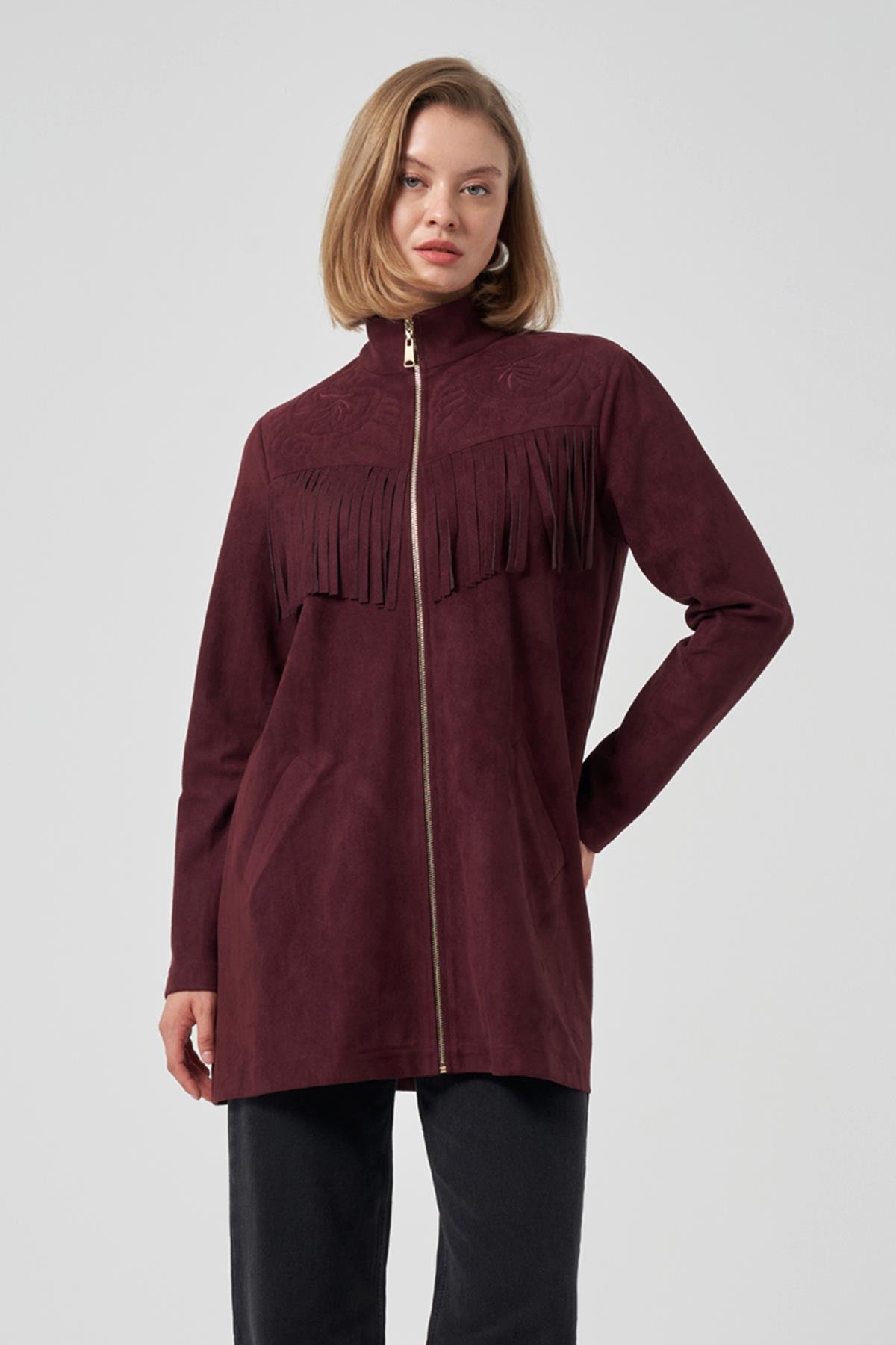 Püskül ve İşleme Detay Süet Ceket 6028 Mürdüm