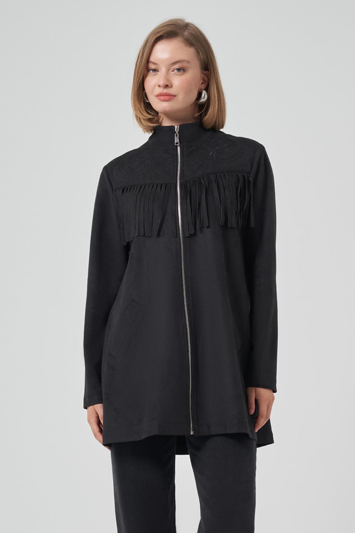 Püskül ve İşlemen Detay Süet Ceket 6028 Siyah