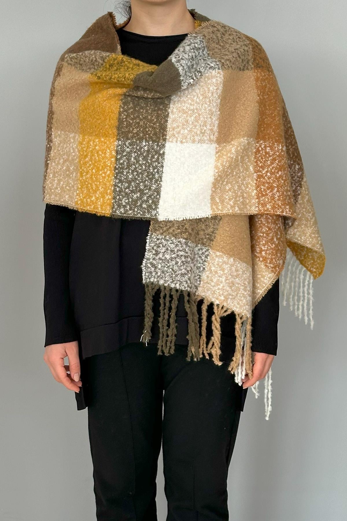 Püsküllü Buklet Atkı Şal 42X205 cm 1292 Sarı