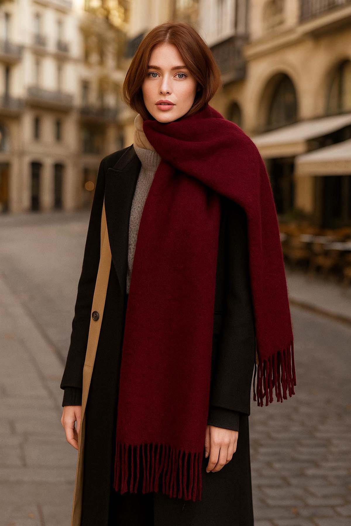 Püsküllü Buklet Atkı Şal 45X200 cm 1285 Bordo