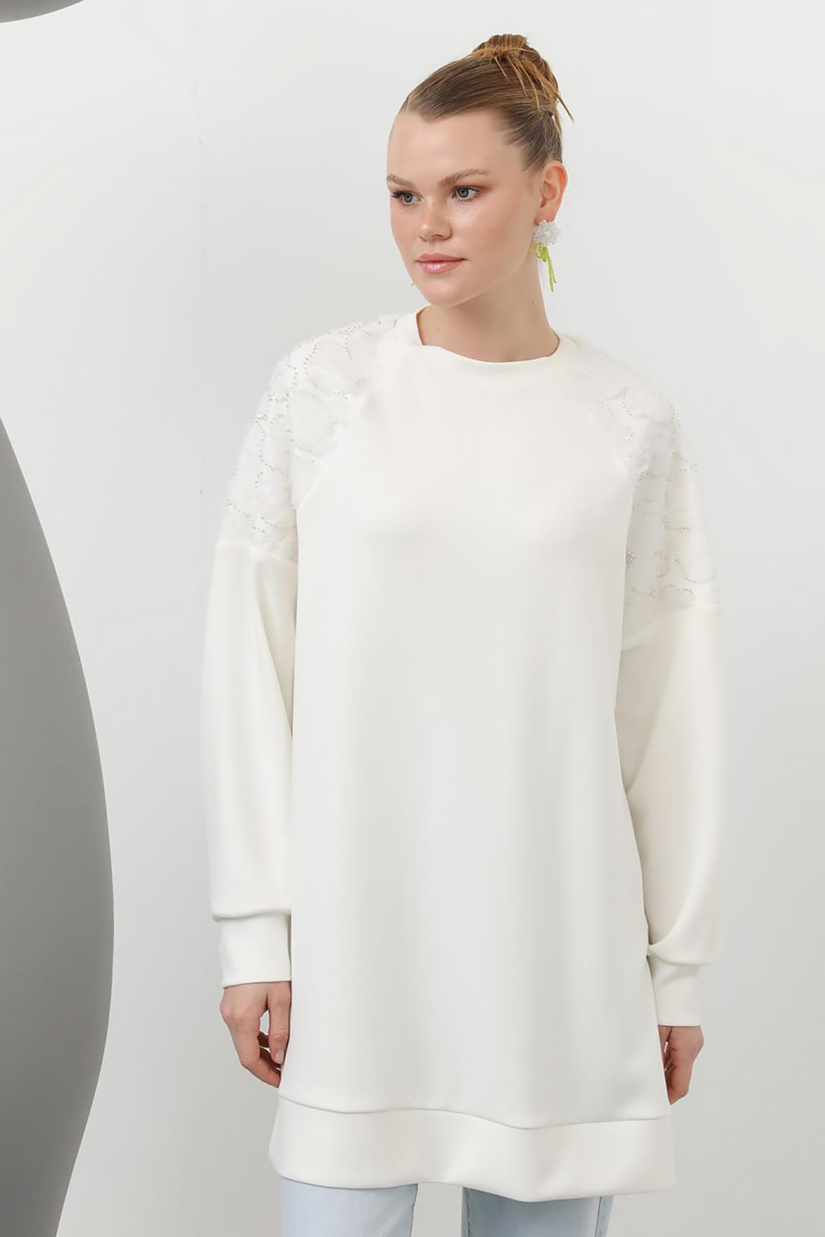 Reglan Kol Tüllü Taş İşlemeli Modal Sweat Tunik 10616 Ekru