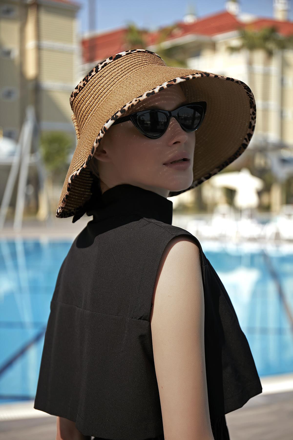 Remsa Katlanabilir Vizör Hasır Şapka Güneş Koruyucu Siperlik RŞ-80 Leopar Biyeli Camel