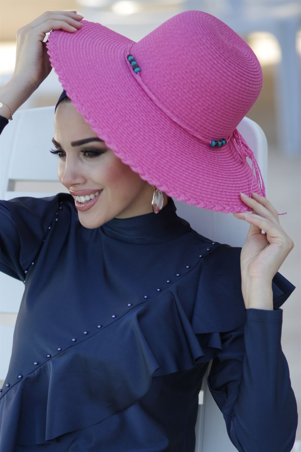 Remsa Mayo Hasır Şapka Deniz Havuz Plaj Şapkası Boncuklu Pembe RŞ-03