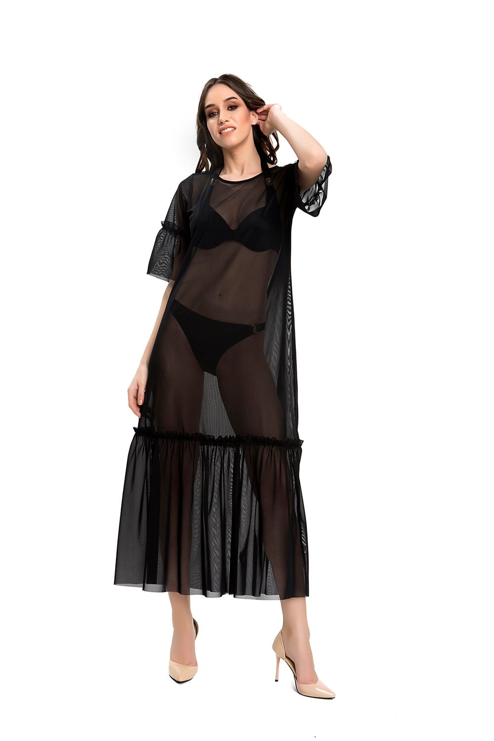 Remsa Mayo Kaftan Tesettür Mayo Üzerine Fırfırlı Tek Tül Pareo Siyah