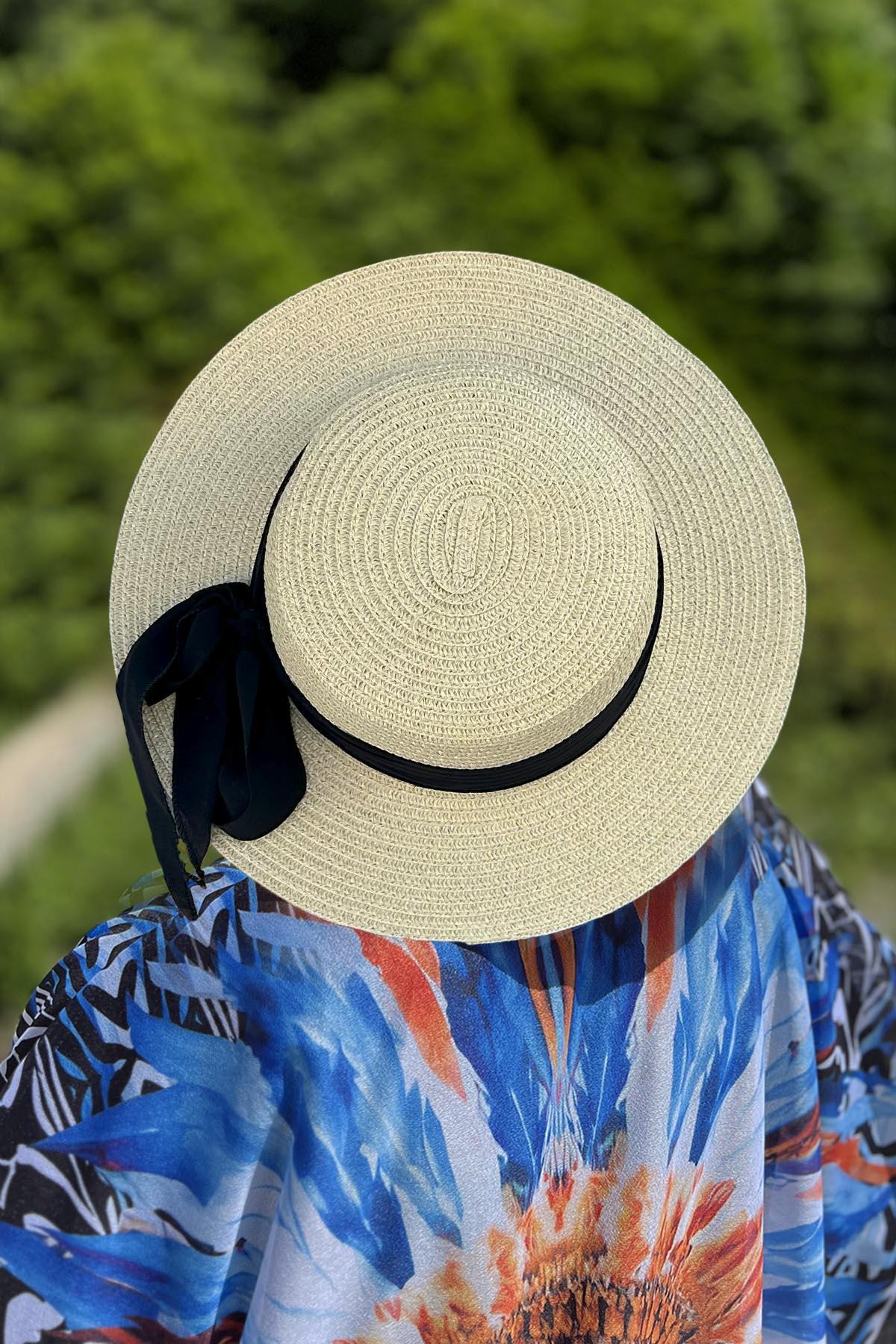 Remsa Mayo Kurdele Detaylı Retro Hasır Şapka RŞ-107 Bej