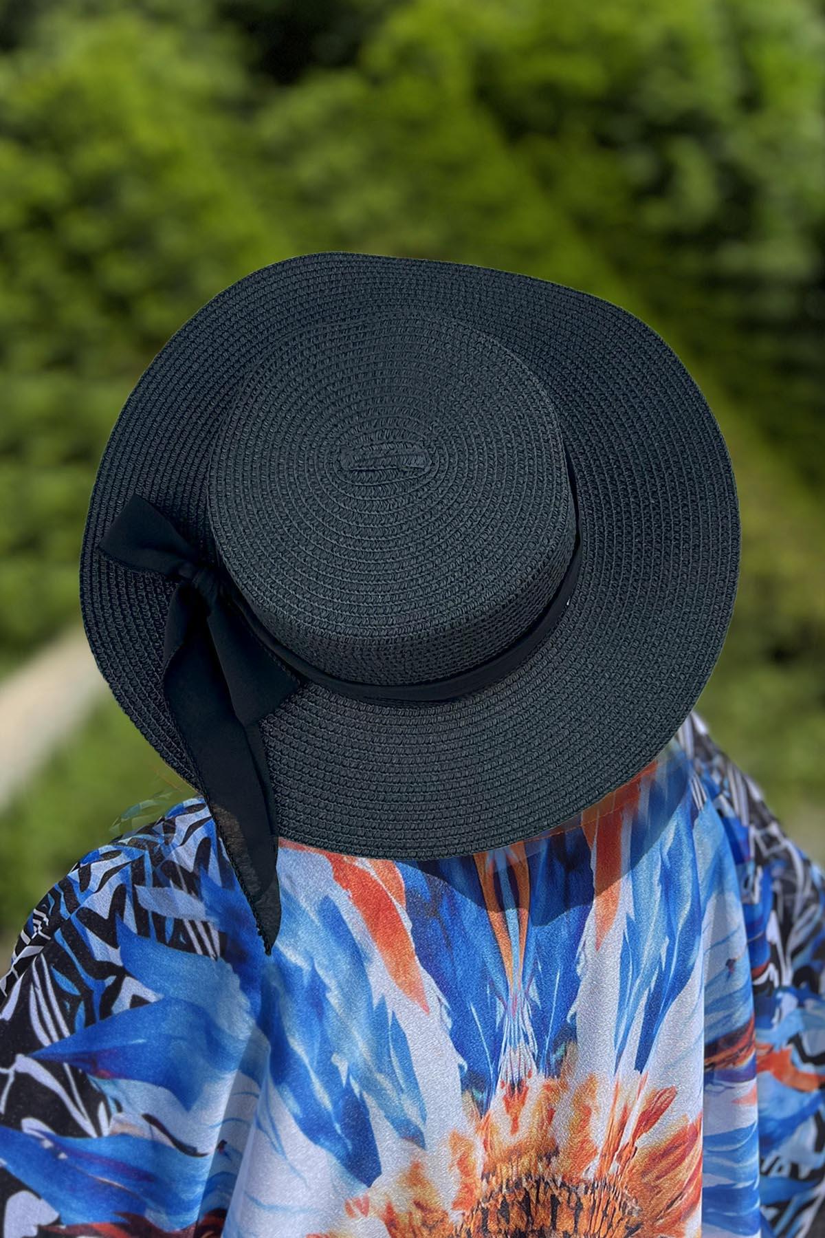 Remsa Mayo Kurdele Detaylı Retro Hasır Şapka RŞ-107 Siyah