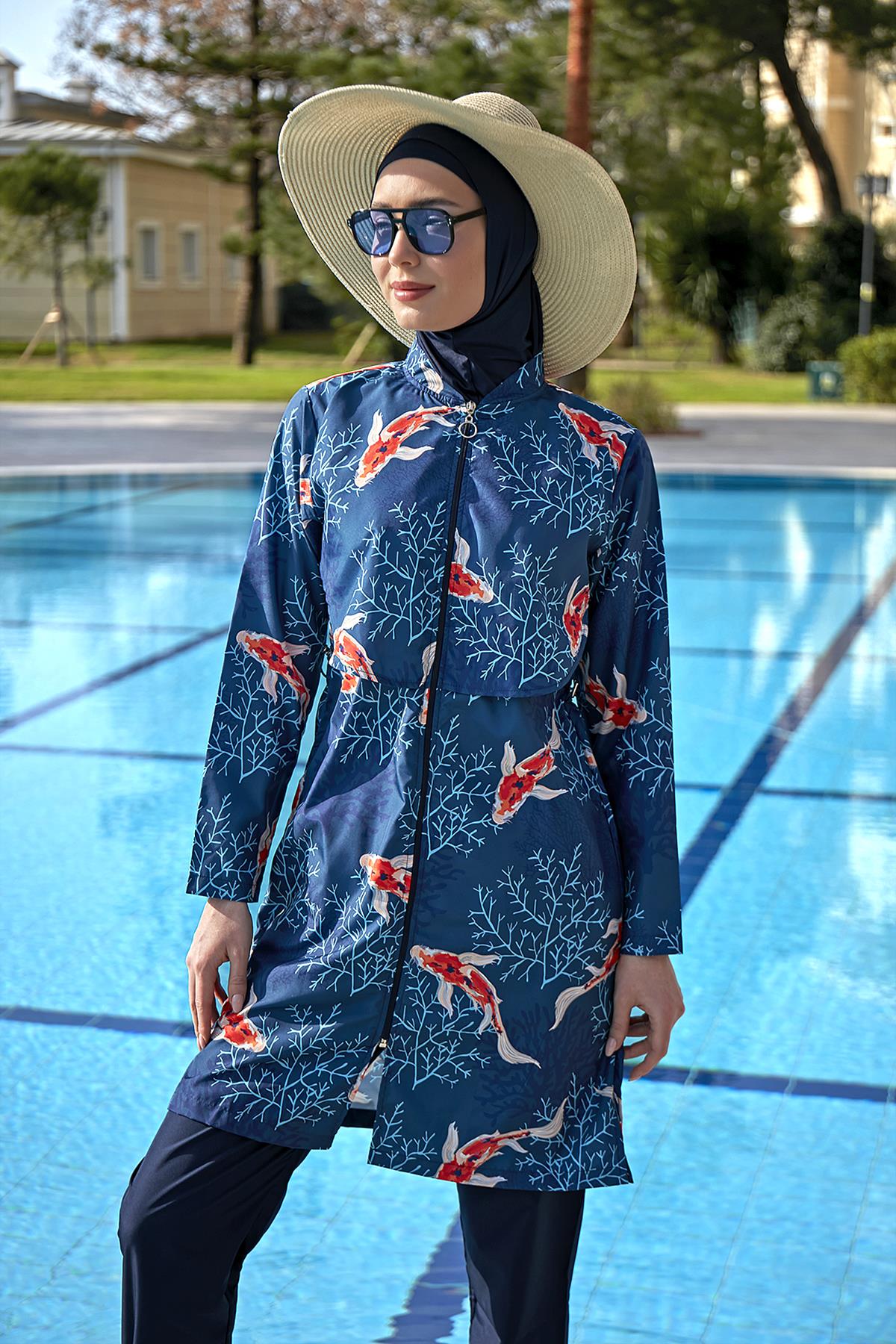 Remsa Mayo Önü Kapaklı Paraşüt Tam Kapalı Tesettür Mayo R069B Koi Japonya