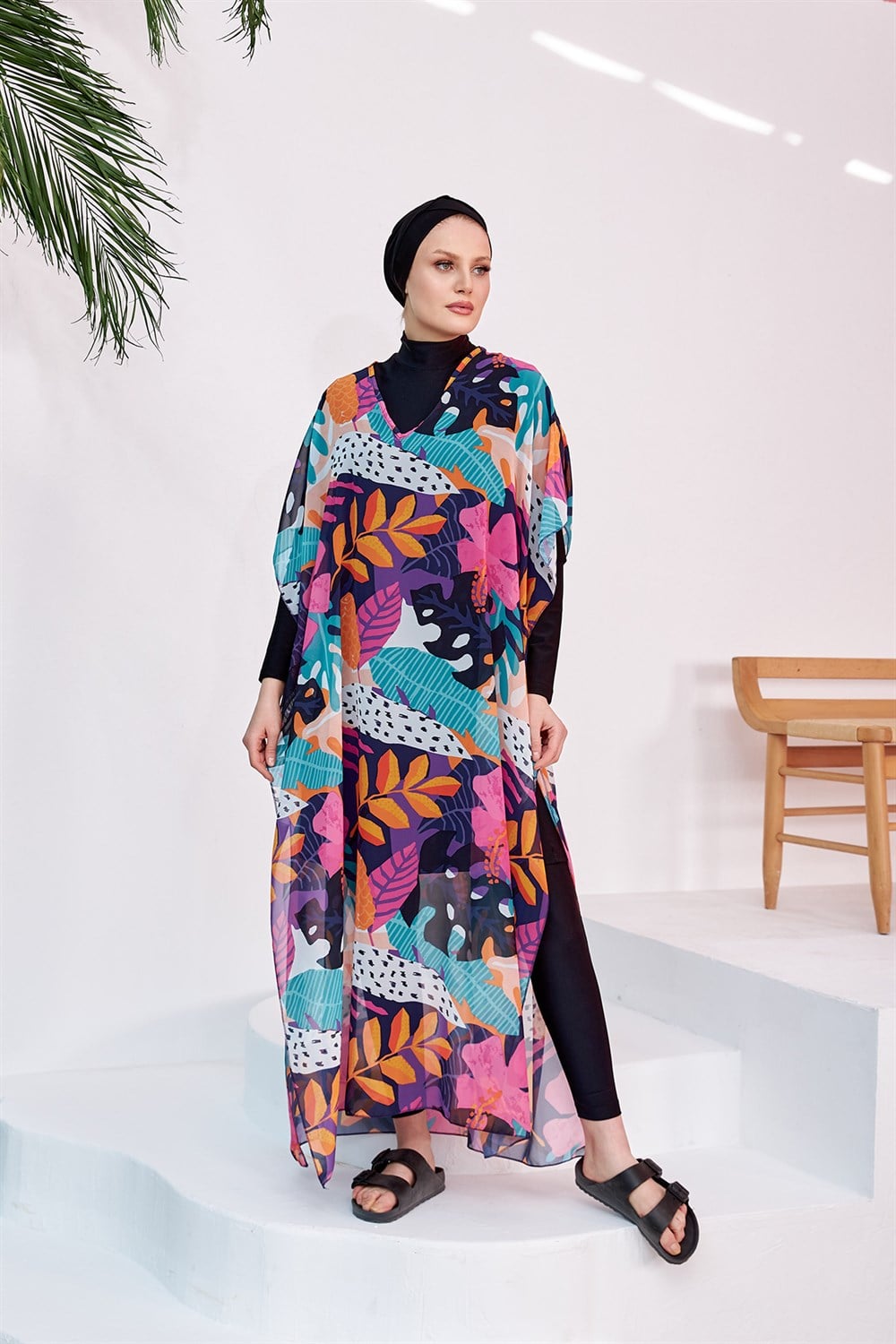 Remsa Mayo Tesettür Mayo Üzerine Desenli Tek Kaftan Pareo 430-132 Fuşya