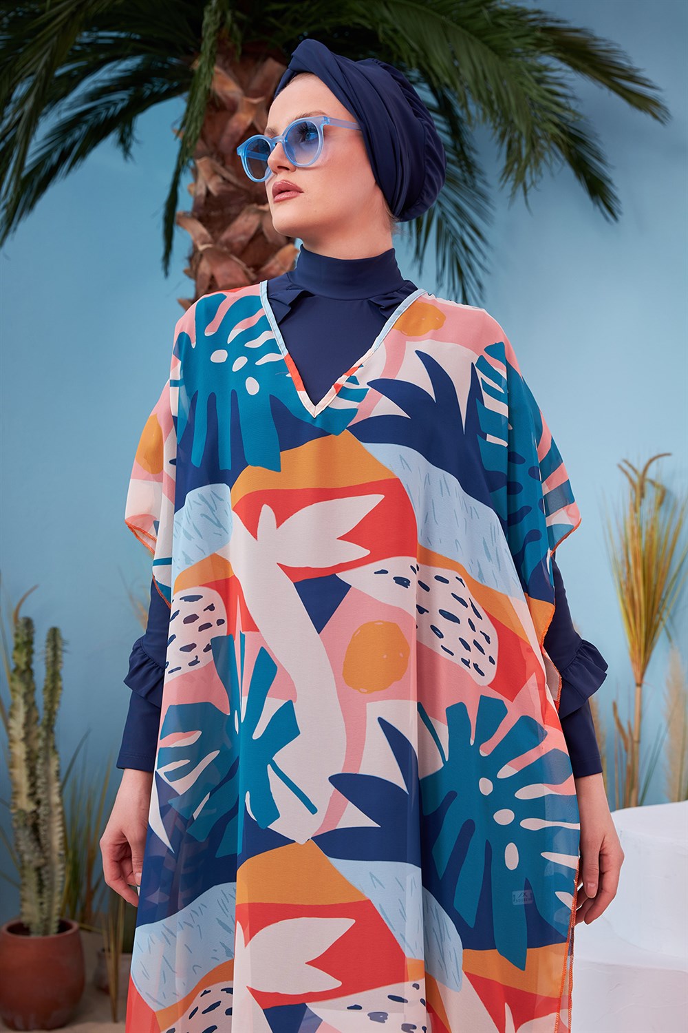 Remsa Mayo Tesettür Mayo Üzerine Desenli Tek Kaftan Pareo 430-134 Turuncu