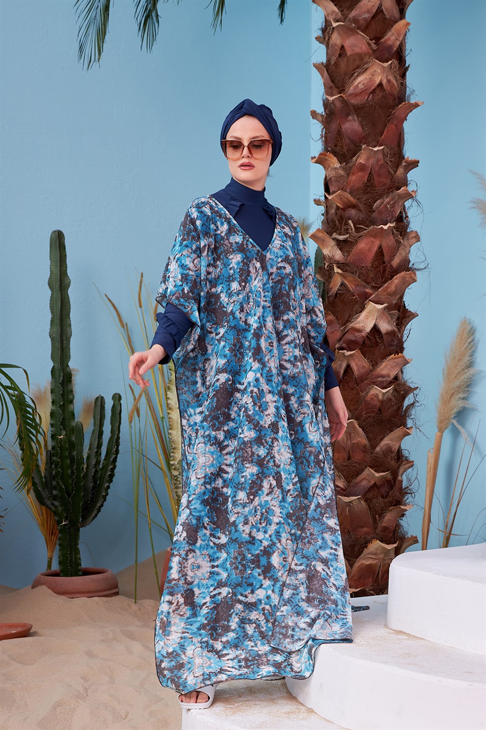 Remsa Mayo Üzerine Kaftan Pareo 430-105 Batik Desen Mavi