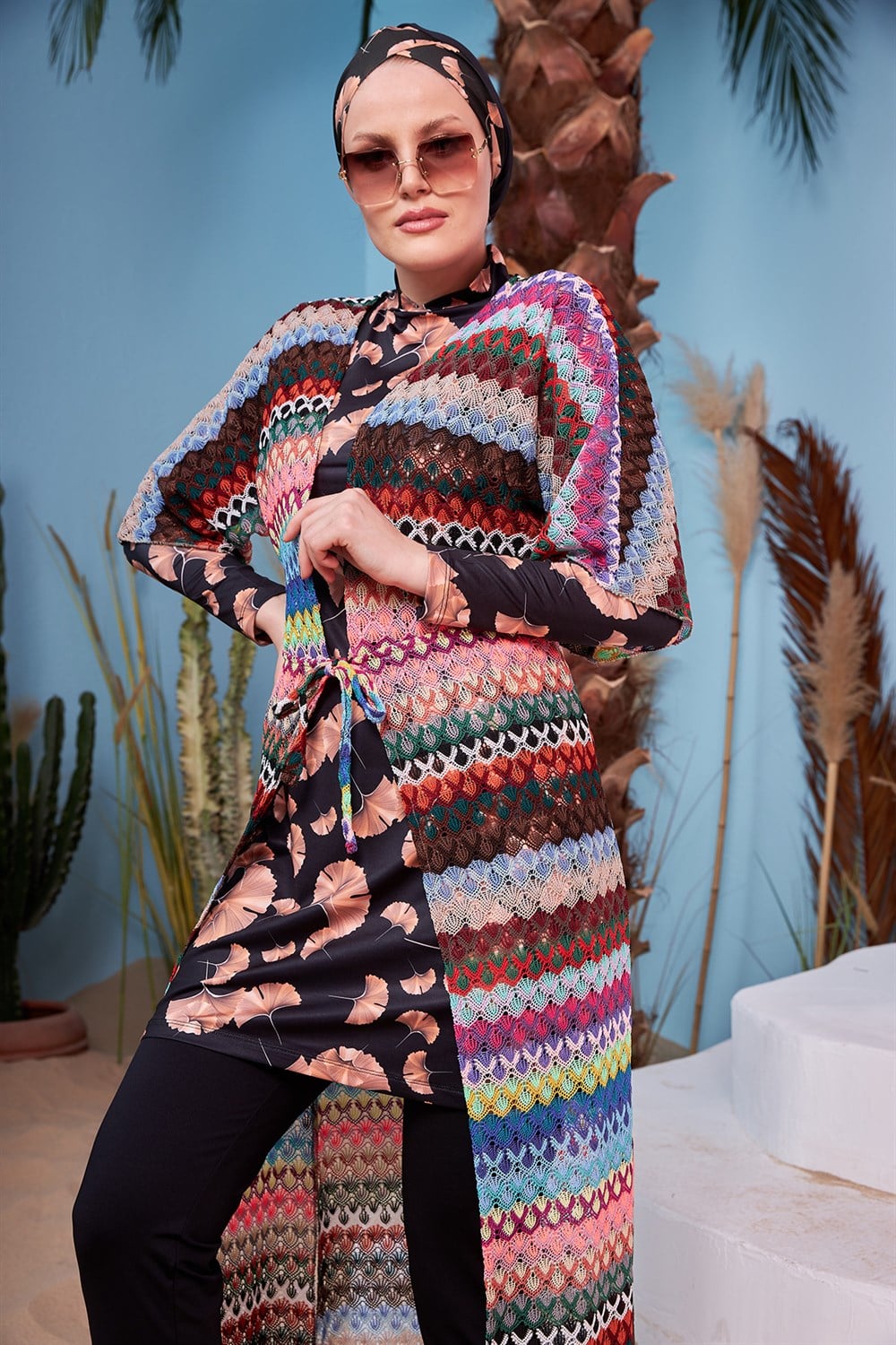 Remsa Mayo Üzerine Önü Açık Örme Pareo 430-542T Renkli Kahve