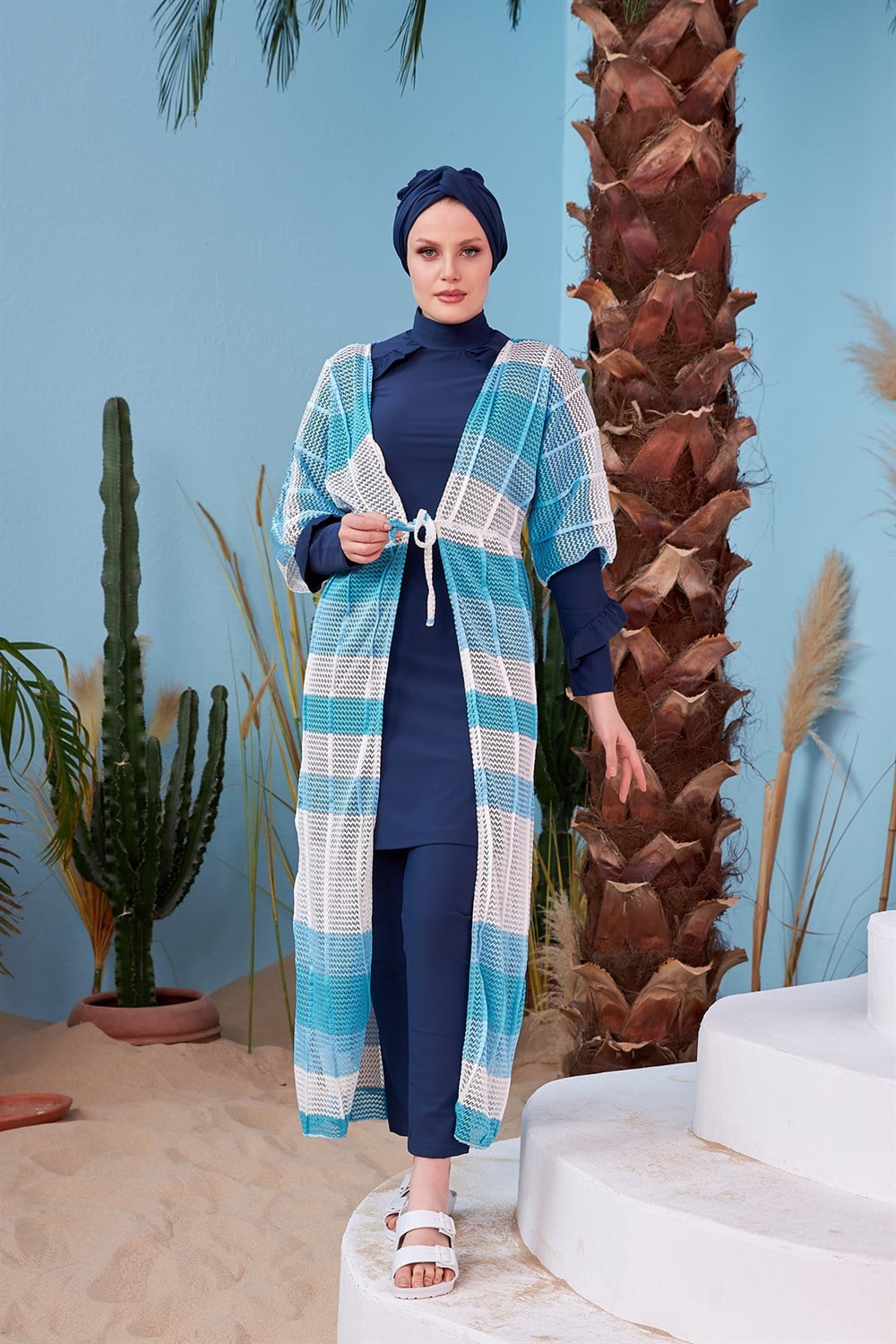 Remsa Mayo Üzerine Önü Açık Örme Pareo 430-541 Mavi Beyaz