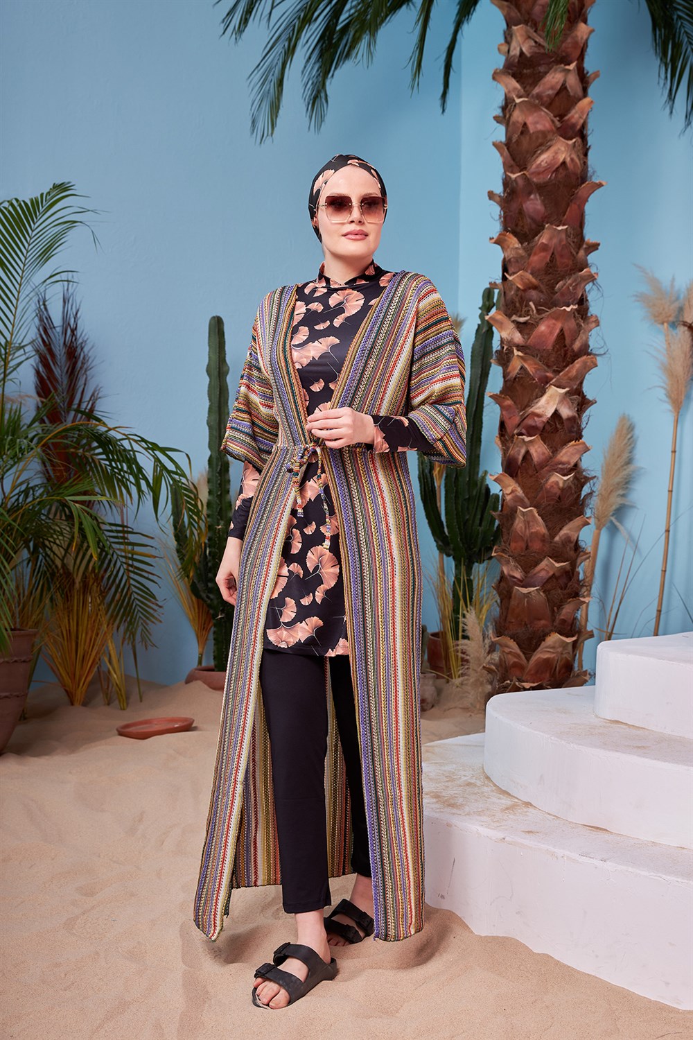 Remsa Mayo Üzerine Önü Açık Örme Pareo 430-601T Çizgili Kahve