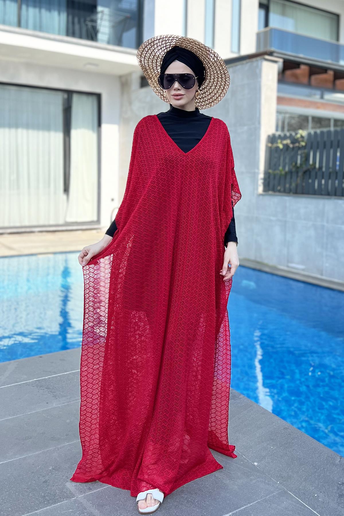Remsa Mayo Üzerine Örme Kaftan Pareo 430-T4 Kırmızı