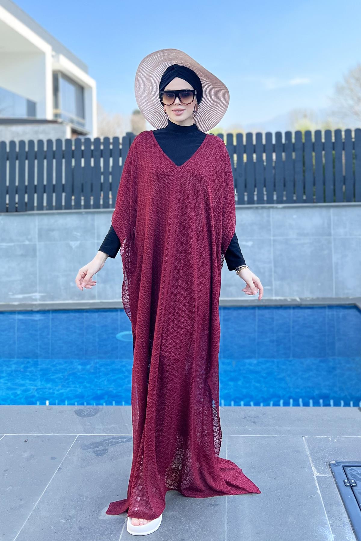 Remsa Mayo Üzerine Örme Kaftan Pareo 430-T5 Bordo