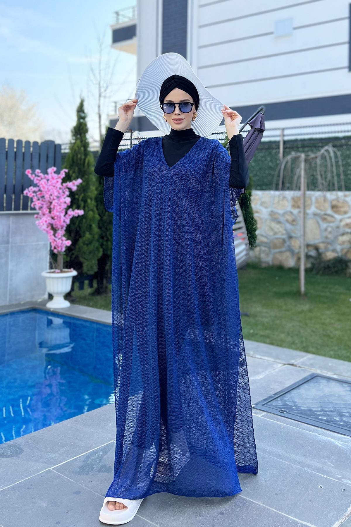 Remsa Mayo Üzerine Örme Kaftan Pareo 430-T8 Açık Lacivert