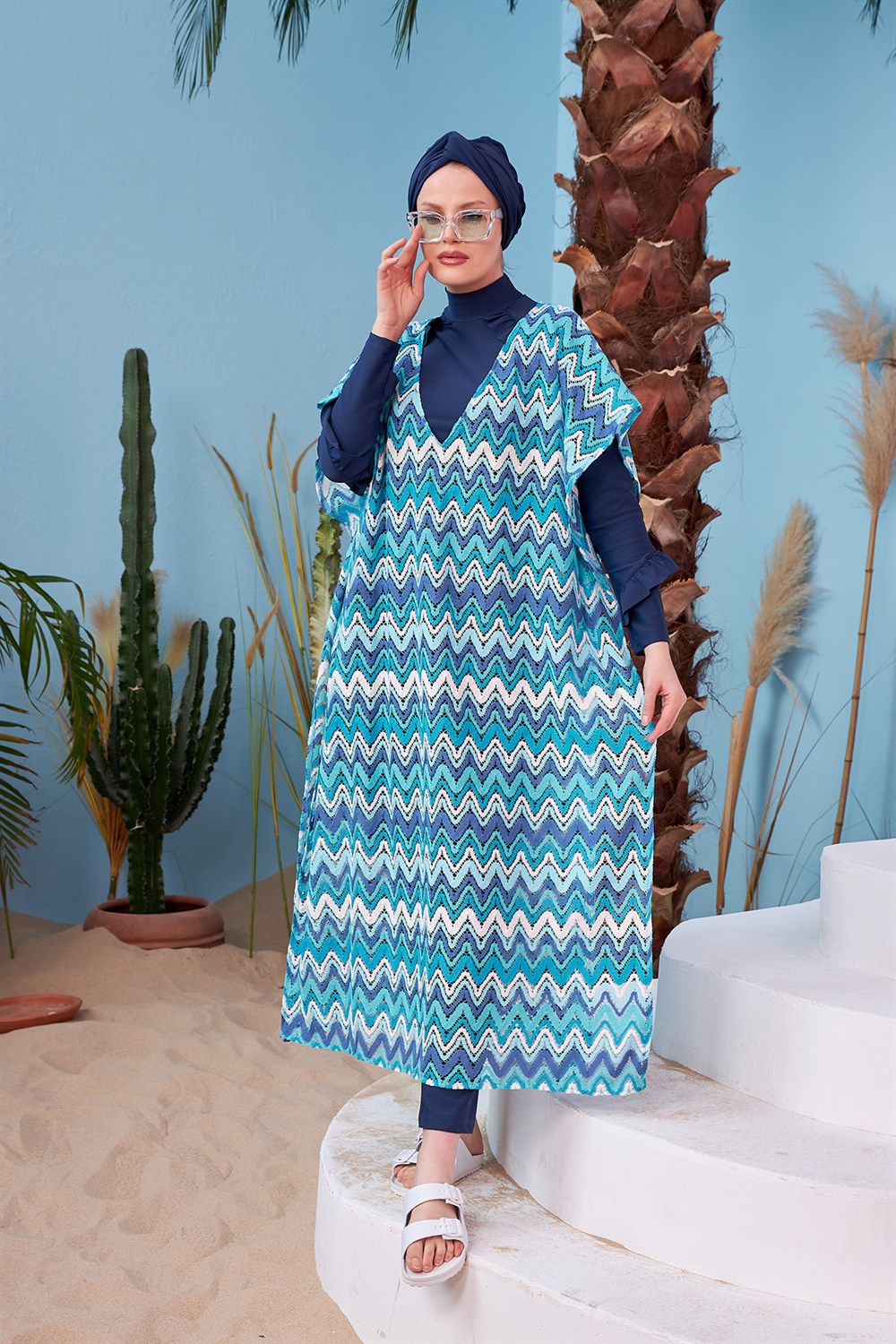 Remsa Mayo Üzerine Örme Kaftan Pareo 410-437 Turkuaz