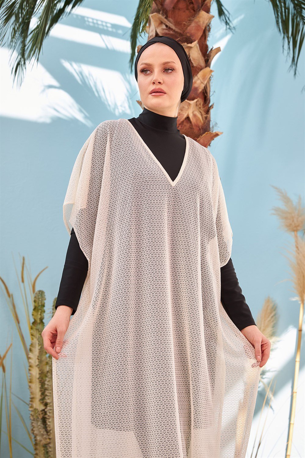 Remsa Mayo Üzerine Örme Kaftan Pareo 430-555 Ekru