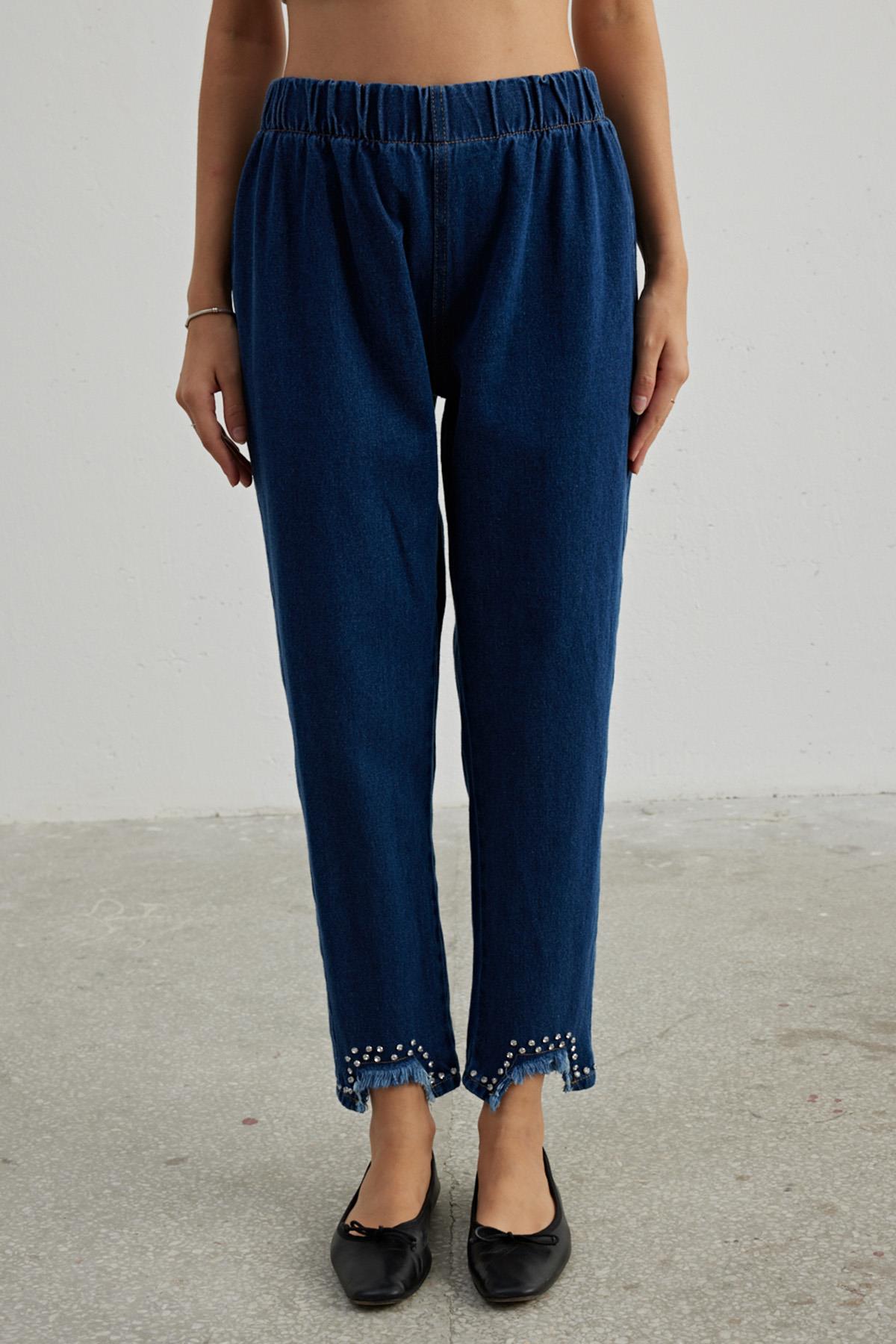 Remsa Paçası U Kesik Taşlı Denim Pantalon 714 Lacivert