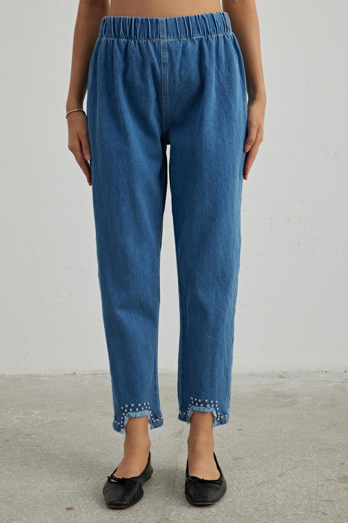 Remsa Paçası U Kesik Taşlı Denim Pantalon 714 Mavi