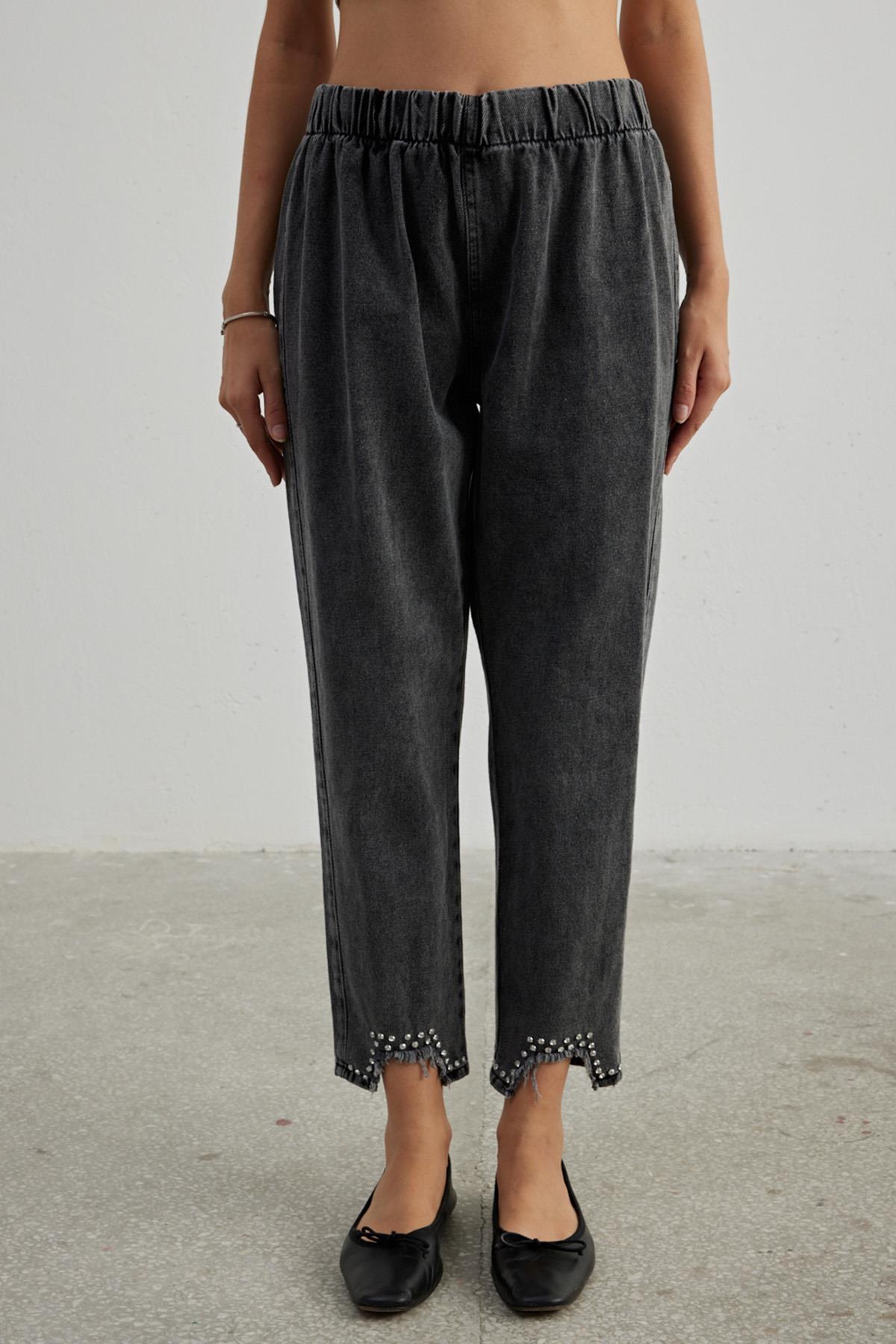 Remsa Paçası U Kesik Taşlı Denim Pantalon 714 K.Y. Siyah