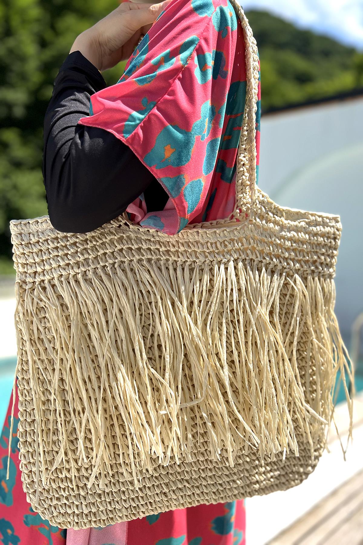 Remsa Püsküllü Hasır Plaj Çantası 023 Bej