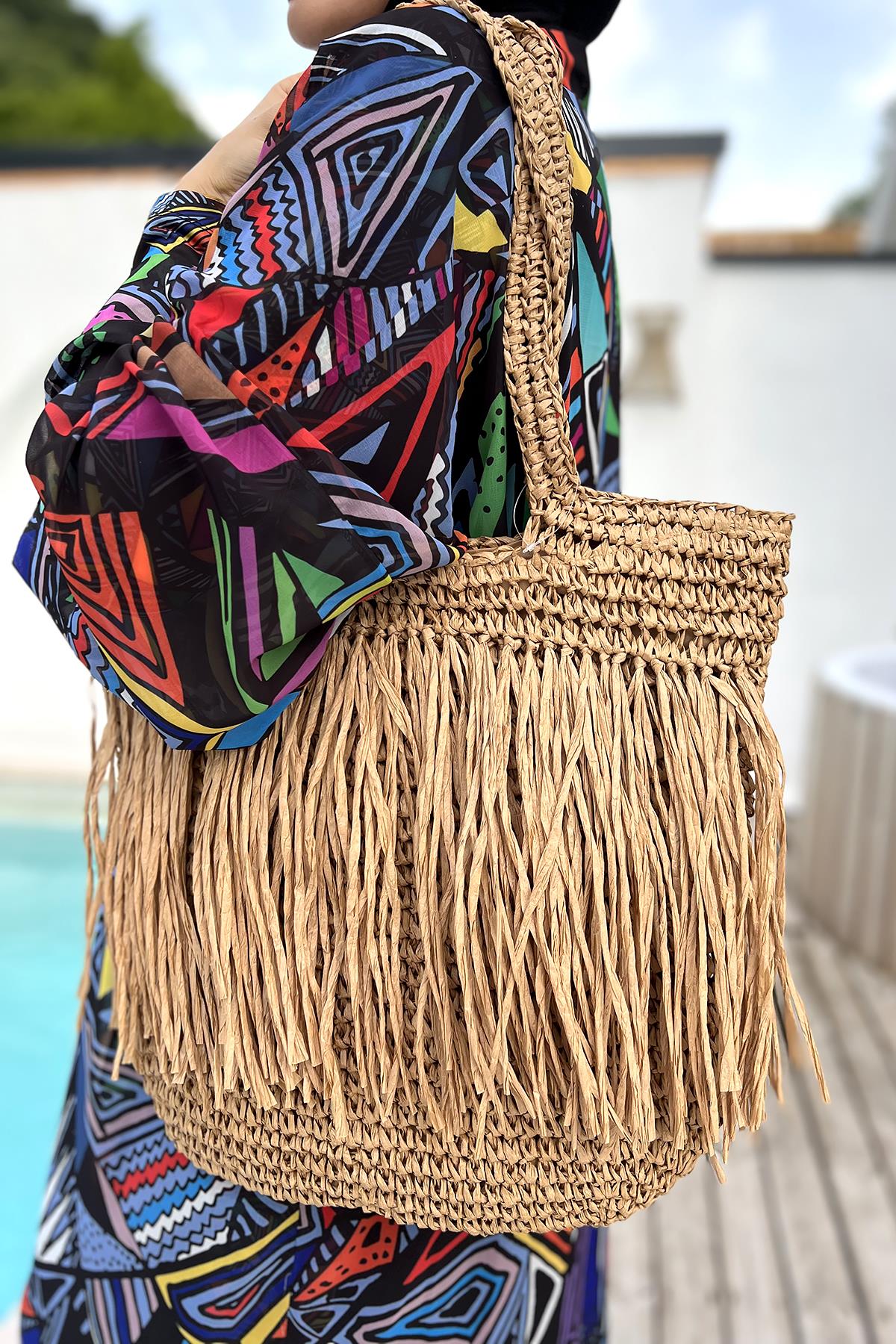 Remsa Püsküllü Hasır Plaj Çantası 023 Camel