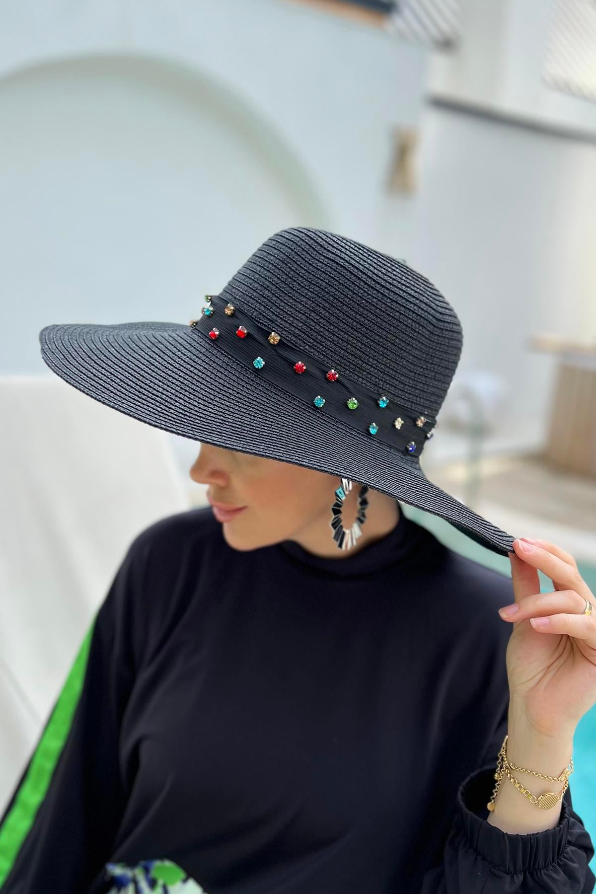 Remsa Şerit Taşlı Hasır Şapka RŞ-97 Siyah