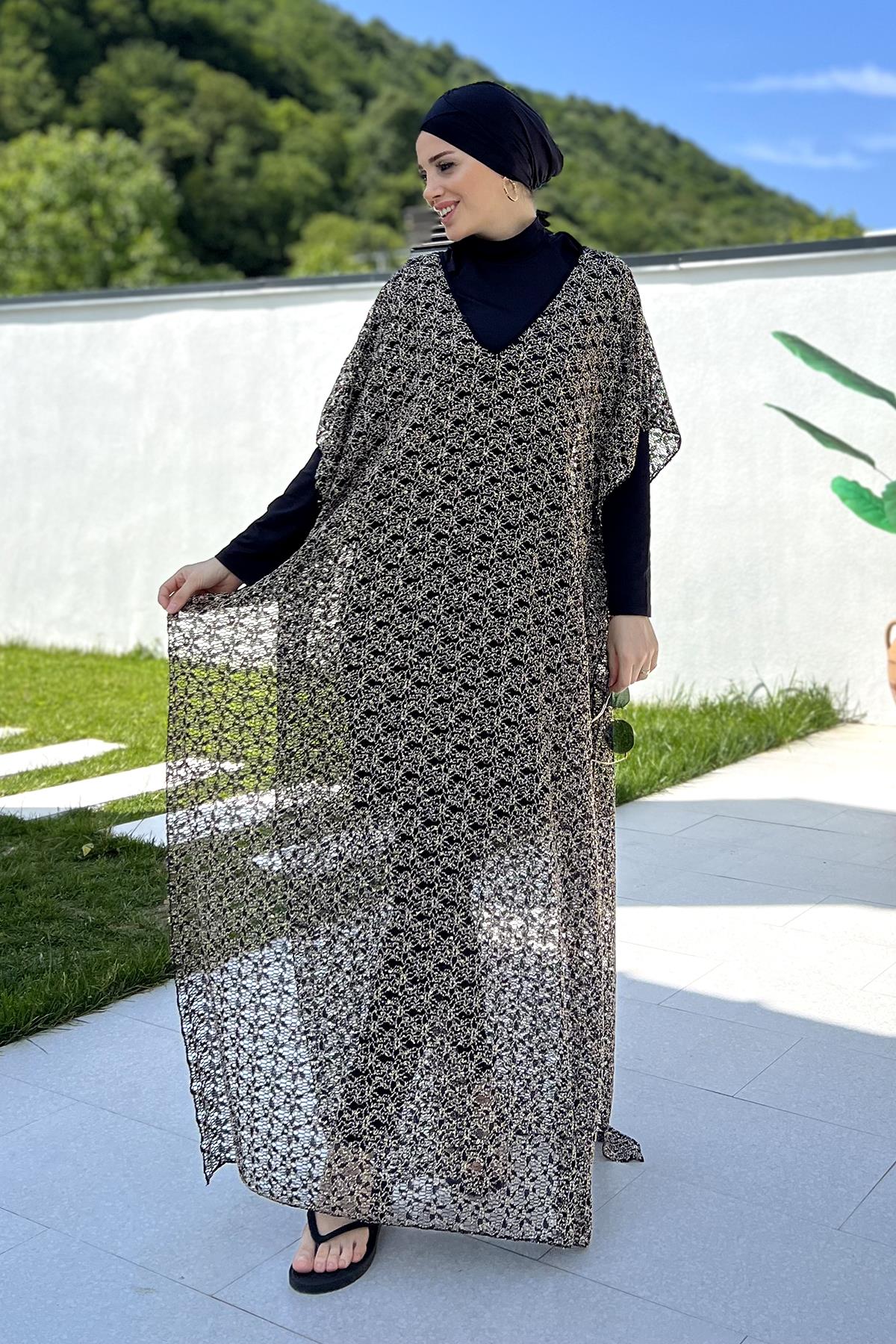 Remsa Tesettür Mayo Üzerine Delikli  Triko Örme Tek Kaftan Pareo 430-T11