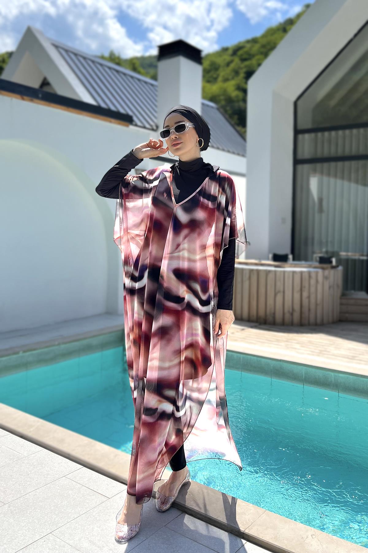 Remsa Tesettür Mayo Üzerine Desenli Tek Kaftan Pareo 430-309