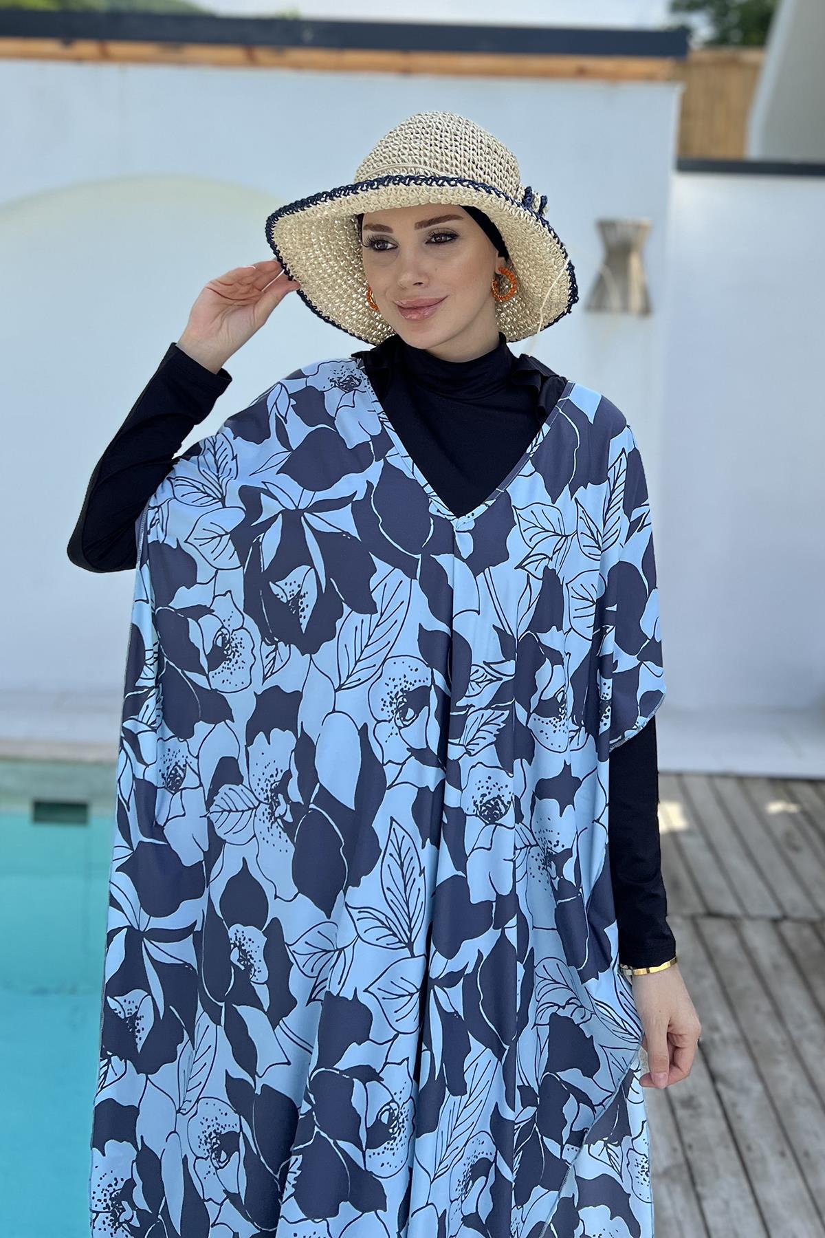 Remsa Tesettür Mayo Üzerine Desenli Tek Kaftan Pareo 430-316 Mavi