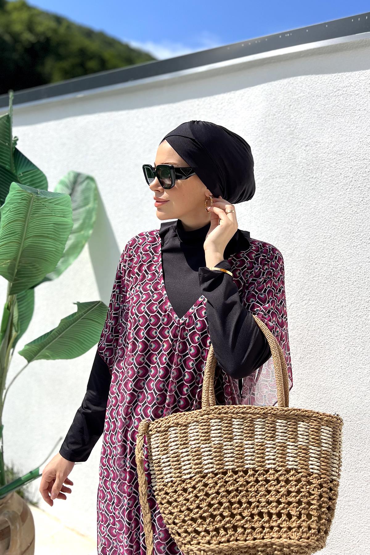 Remsa Tesettür Mayo Üzerine Desenli Tek Kaftan Pareo 430-306 Fuşya