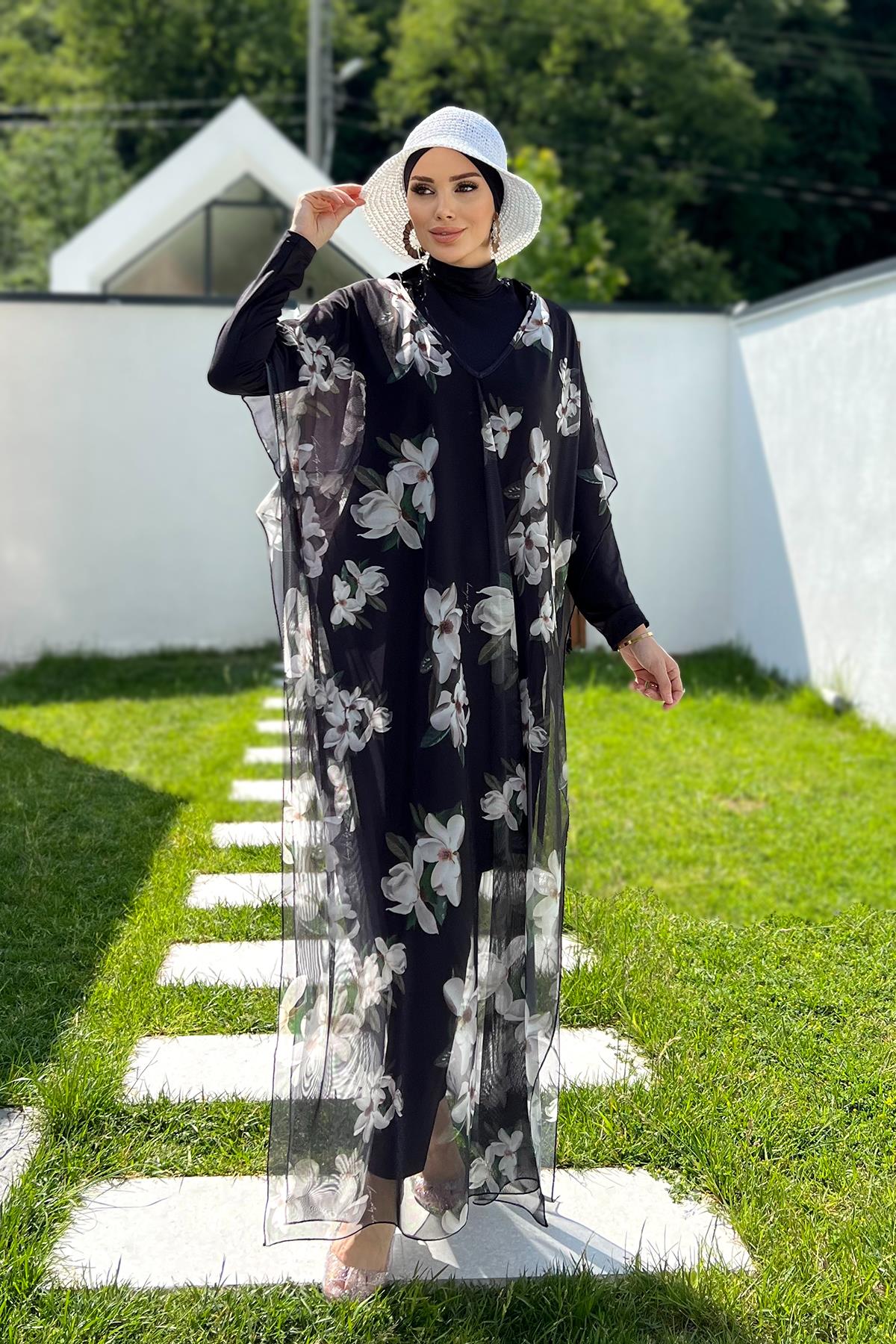 Remsa Tesettür Mayo Üzerine Desenli Tek Kaftan Pareo 430-318 Orkide