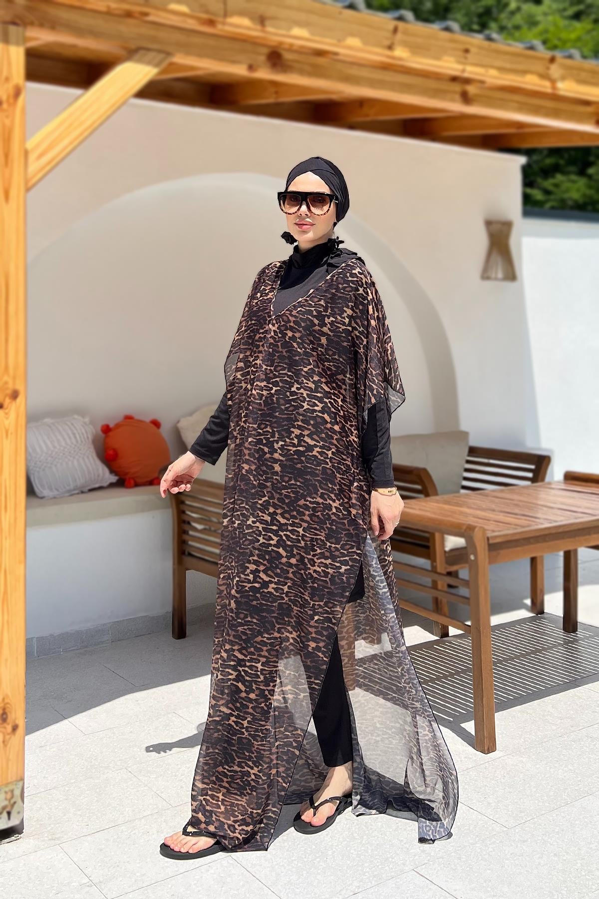 Remsa Tesettür Mayo Üzerine Desenli Tek Kaftan Pareo 430-313 Leopar