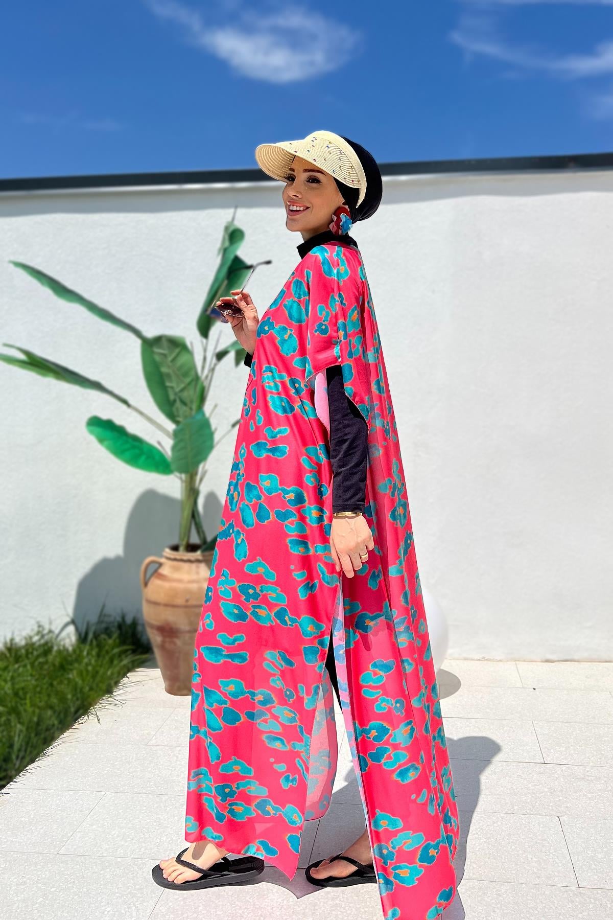 Remsa Tesettür Mayo Üzerine Desenli Tek Kaftan Pareo 430-311 Narçiçeği