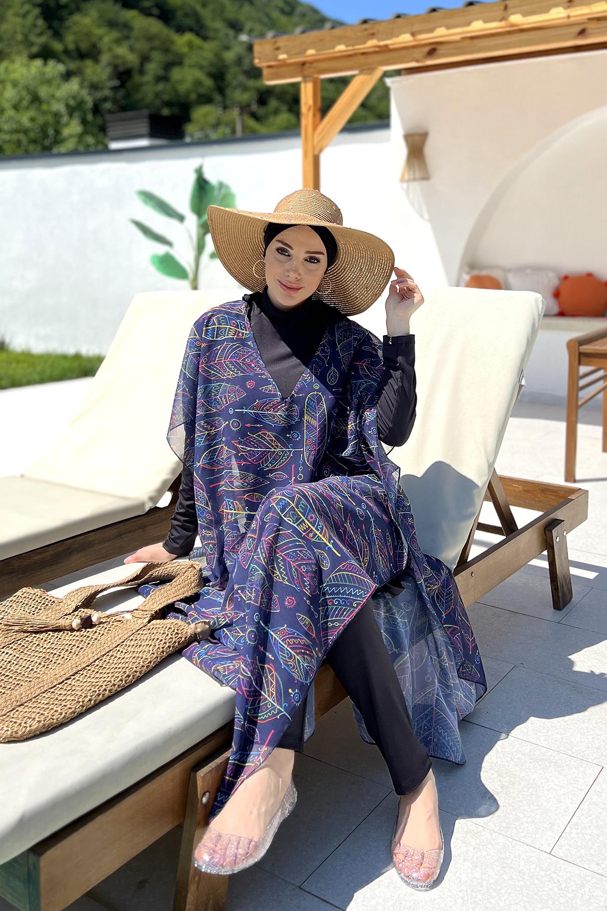 Remsa Tesettür Mayo Üzerine Desenli Tek Kaftan Pareo 430-315 Yaprak Tema