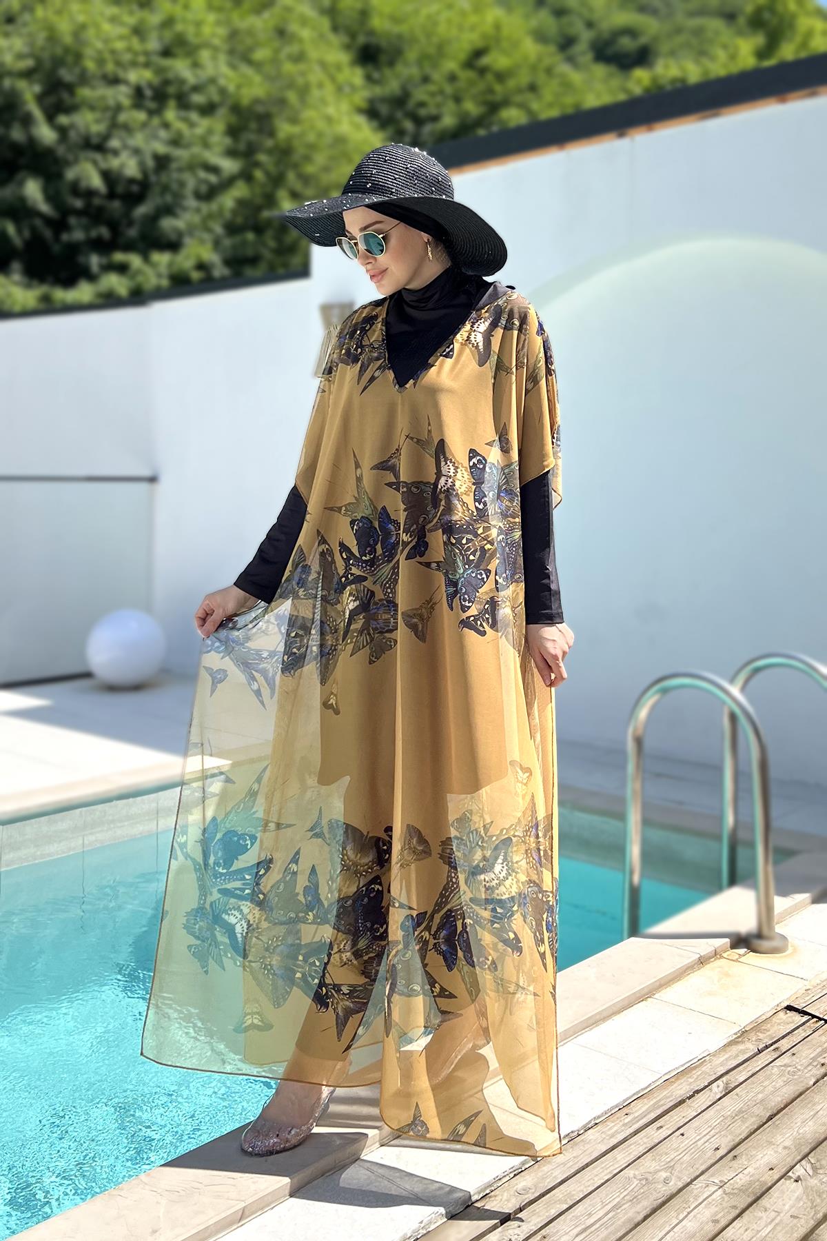 Remsa Tesettür Mayo Üzerine Desenli Tek Kaftan Pareo 430-310 Kelebek