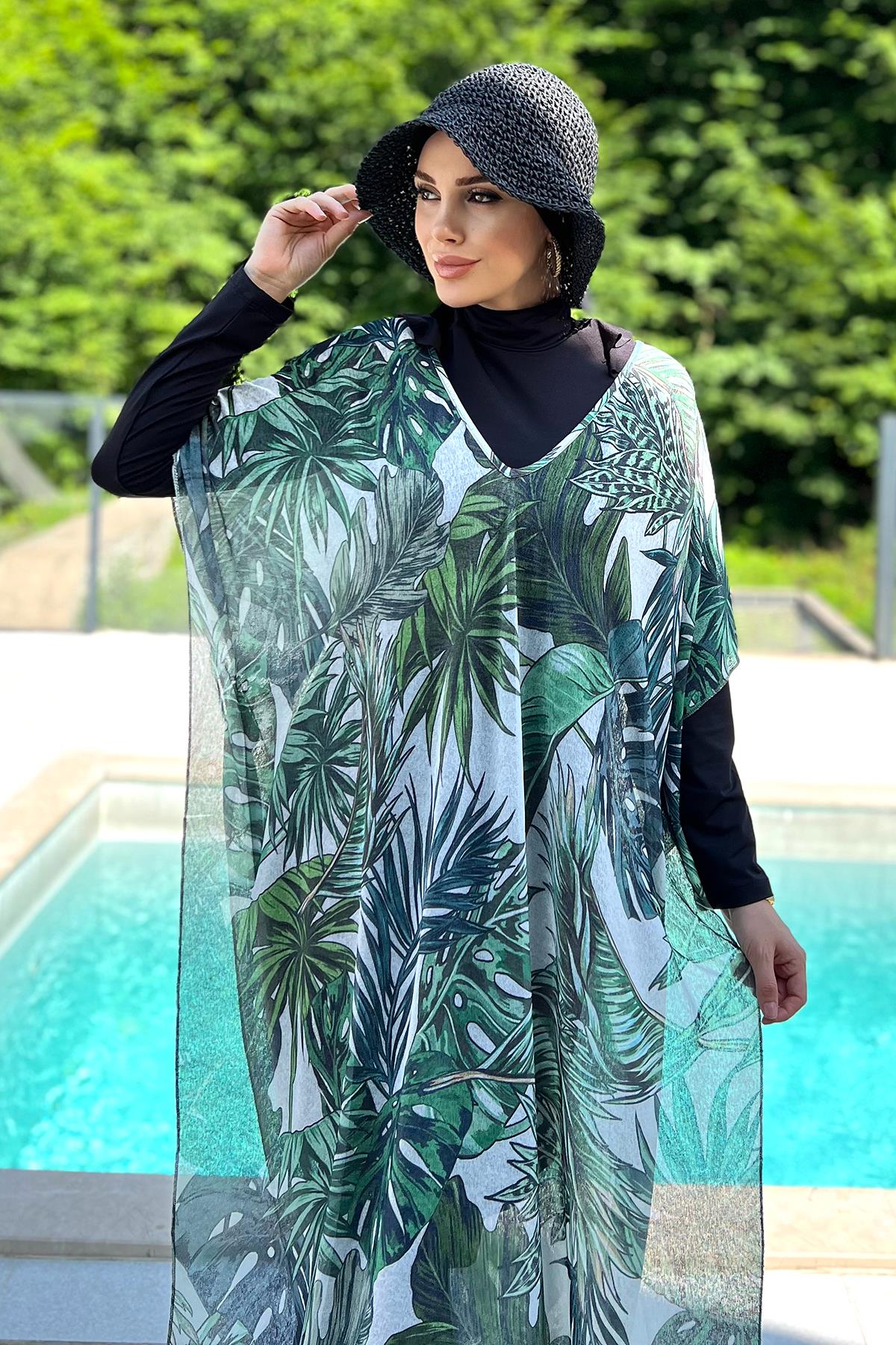 Remsa Tesettür Mayo Üzerine Desenli Tek Kaftan Pareo 430-312 Yaprak