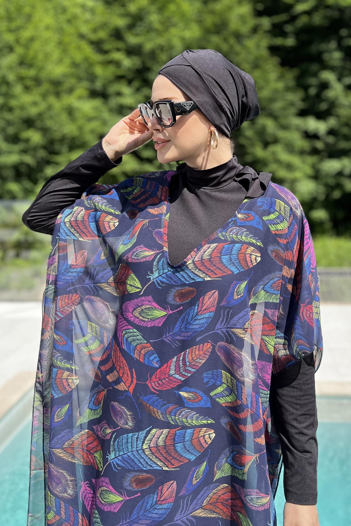 Remsa Tesettür Mayo Üzerine Desenli Tek Kaftan Pareo 430-314 Tüy Yaprak