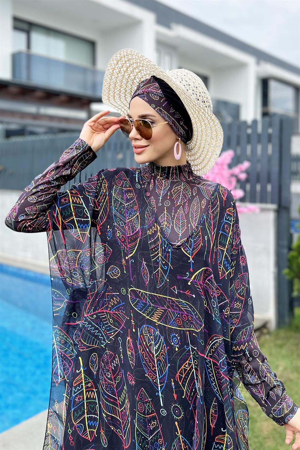 Remsa Tesettür Mayo Üzerine Desenli Tek Kaftan Pareo Renkli Yaprak Tema 430-303 Zeynep