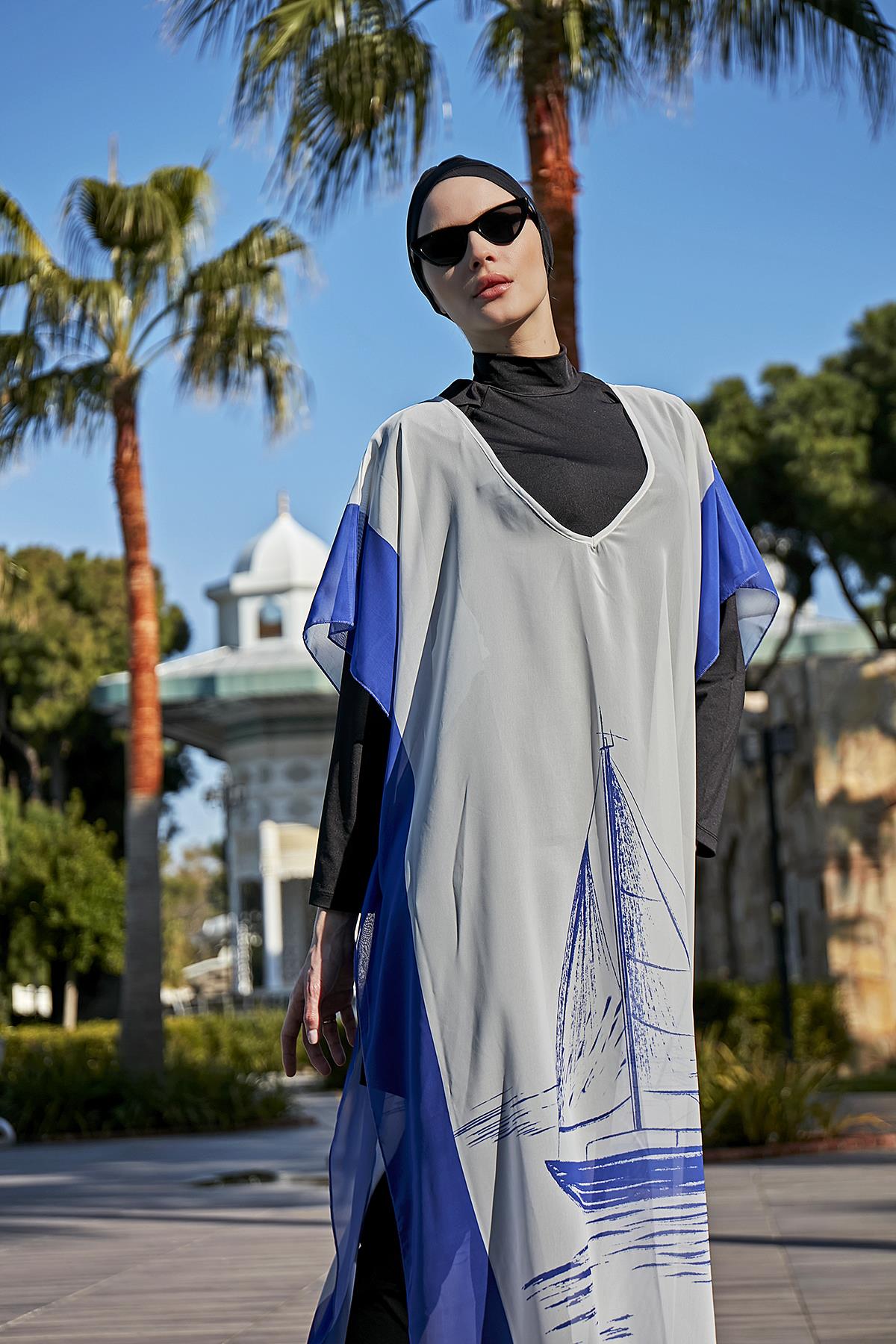 Remsa Tesettür Mayo Üzerine Tasarım Tek Kaftan Pareo RDP003 Yelkenli