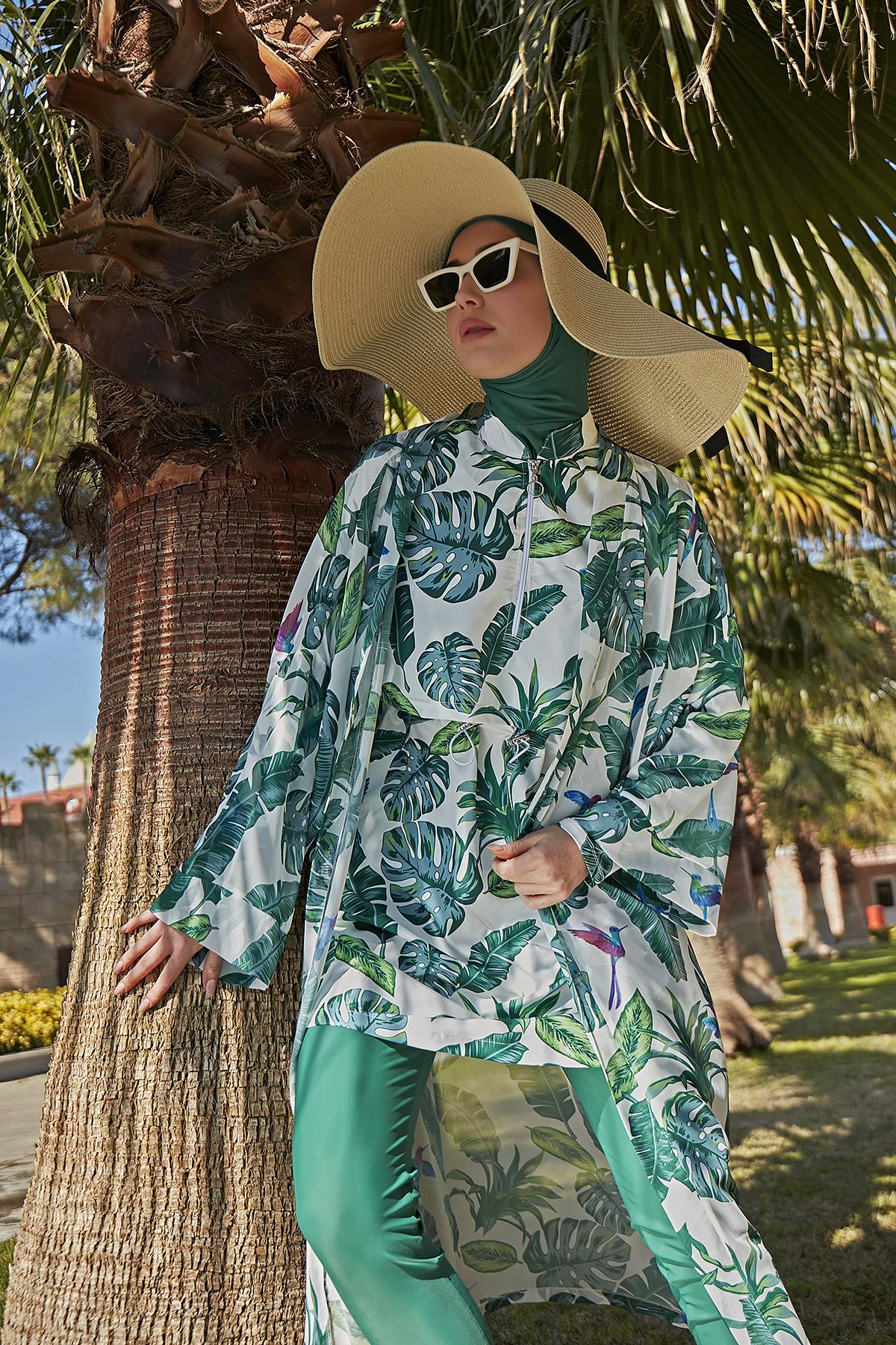 Remsa Tesettür Mayo Üzerine Tek Kaftan Kimono Pareo RP017 Yeşil Yapraklar