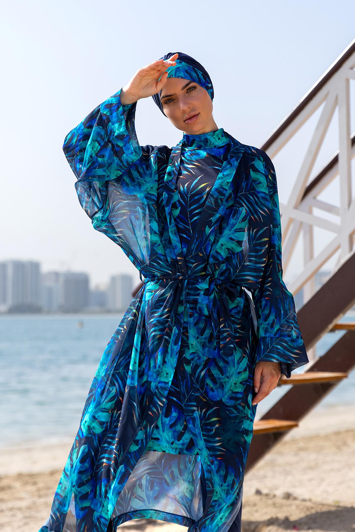 Remsa Tesettür Mayo Üzerine Tek Kaftan Kimono Pareo RP009 Tropikal