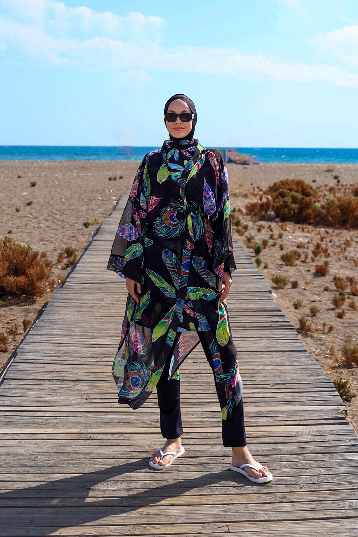 Remsa Tesettür Mayo Üzerine Tek Kaftan Kimono Pareo RP004C Yeşil Tavus Kuşu