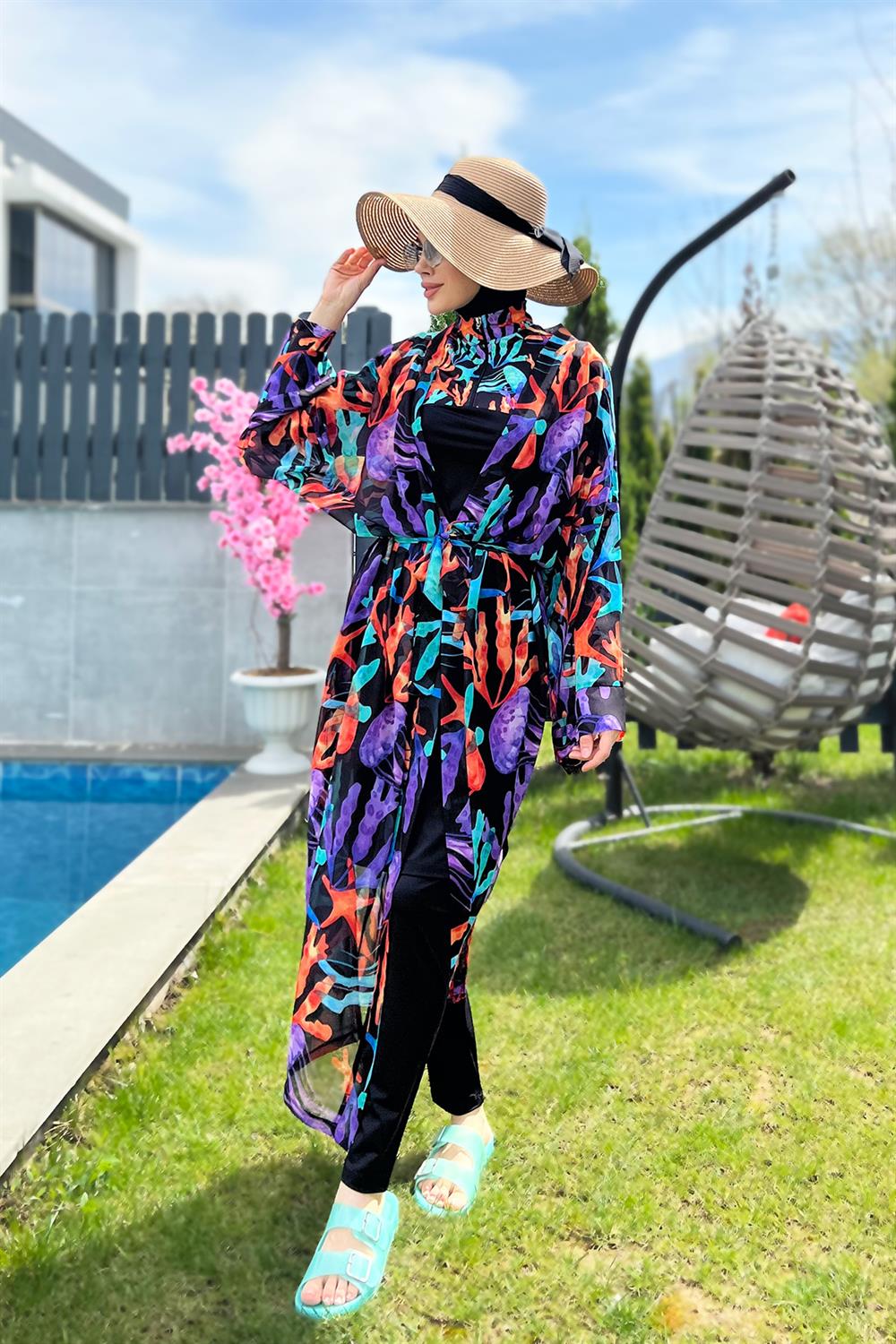Remsa Tesettür Mayo Üzerine Tek Kaftan Kimono Pareo RP004A Mercan